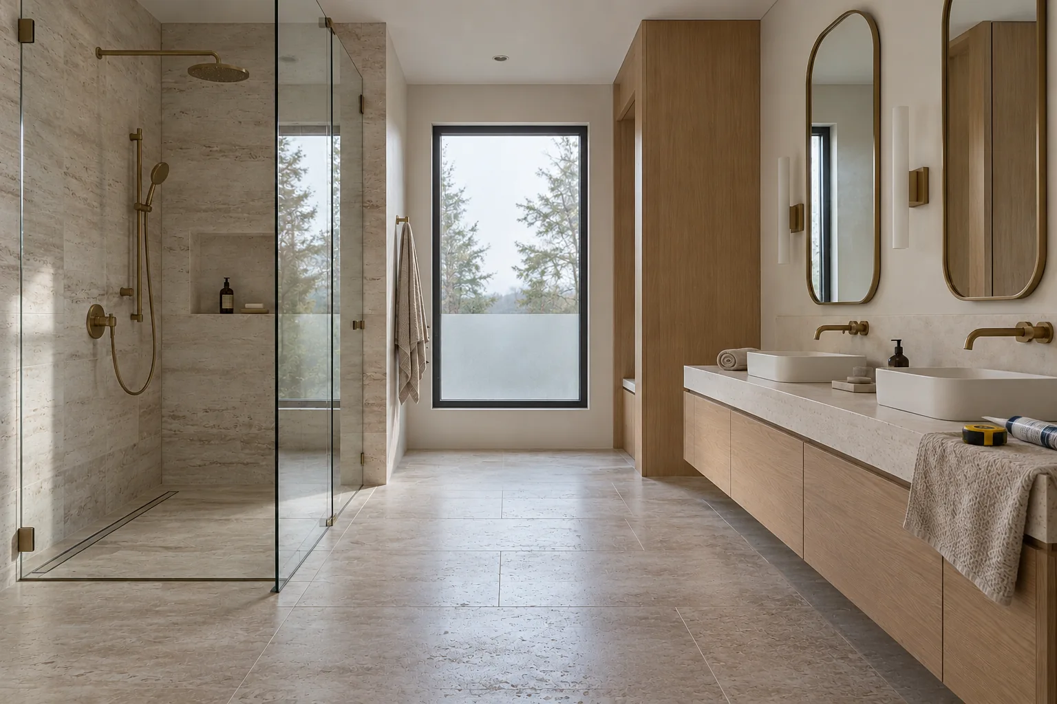 Ambiance de salle de bain en pierre claire et bois naturel avec douche vitrée et double vanité