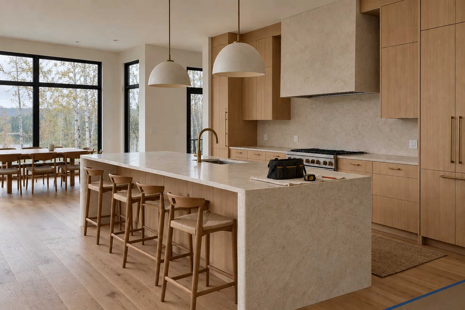 Ambiance de cuisine lumineuse, avec îlot en pierre et armoires en bois naturel
