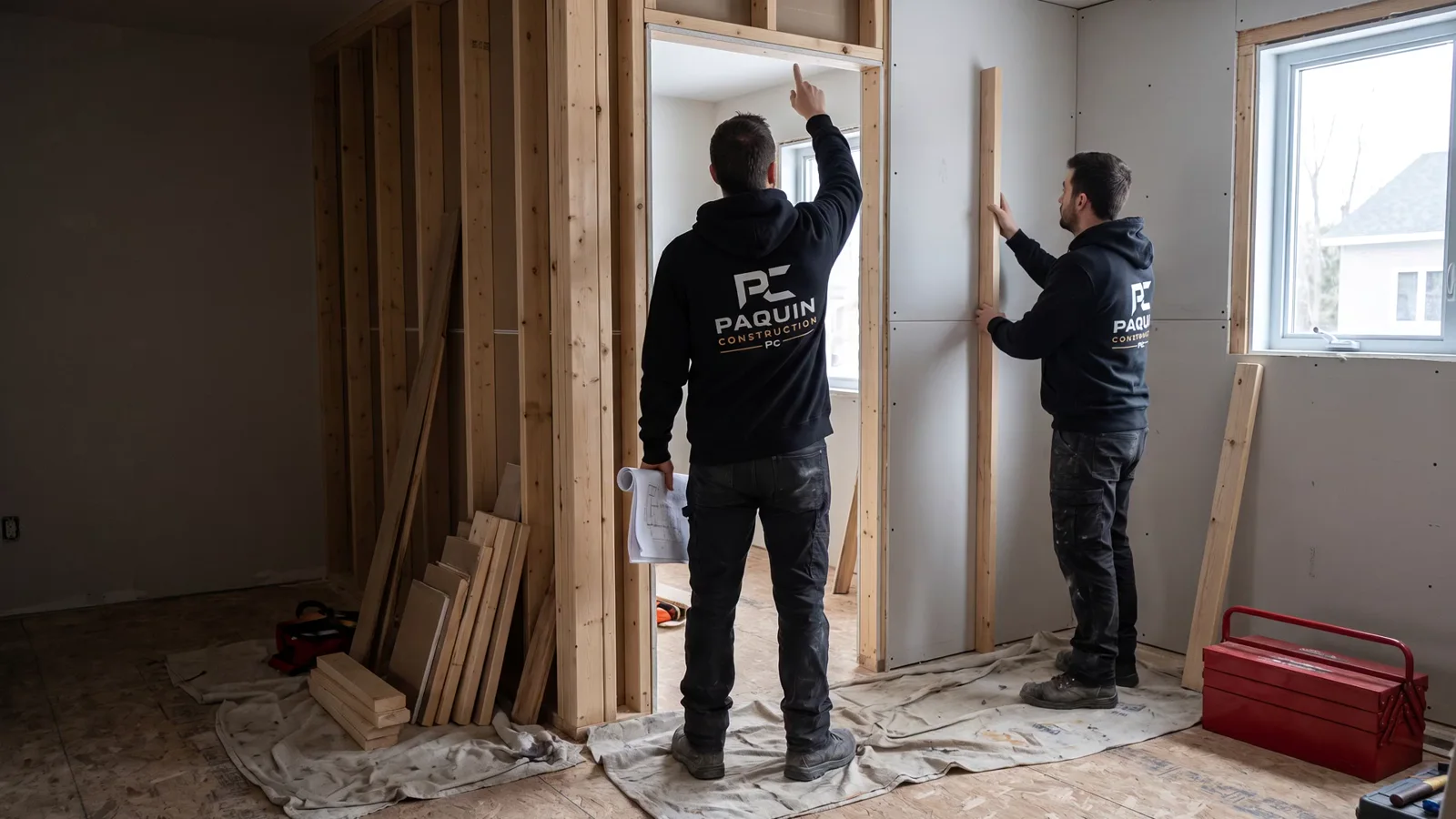 Deux ouvriers en chandails Paquin Construction coordonnent les travaux dans un chantier intérieur